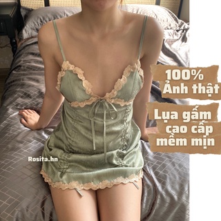 Váy ngủ 2 dây phong cách tiểu thư lụa gấm cao cấp, phối viền ren có dây rút điều chỉnh độ dài Rosita Loli