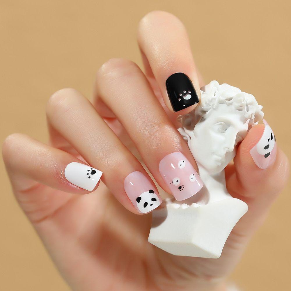 Bộ Móng Tay Giả Ngắn Họa Tiết Gấu Trúc / Hoa Chấm Bi Phong Cách Nhật Bản