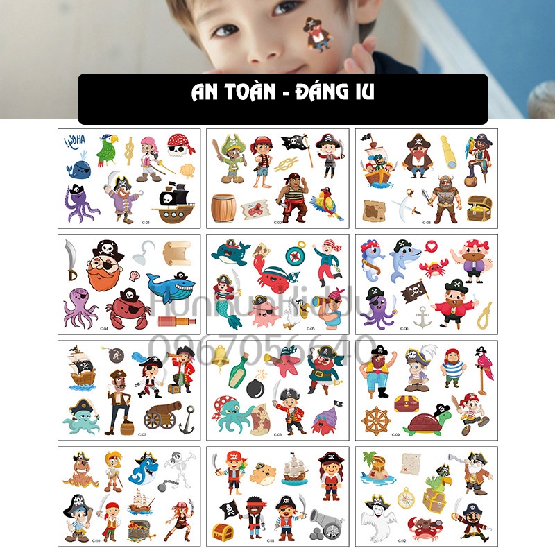 Hình xăm tatoo sticker PIRATE dán chống thấm nước cho bé sáng tạo vui chơi an toàn