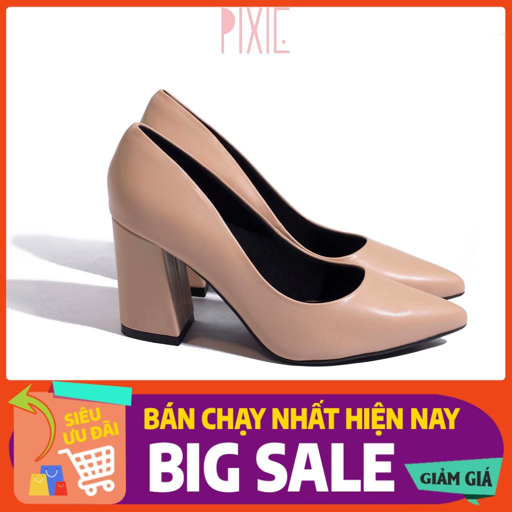 HOT Giày Cao Gót 8cm Đế Vuông Mũi Nhọn Basic Màu Đen Pixie P159 . . ĐẸP ' #