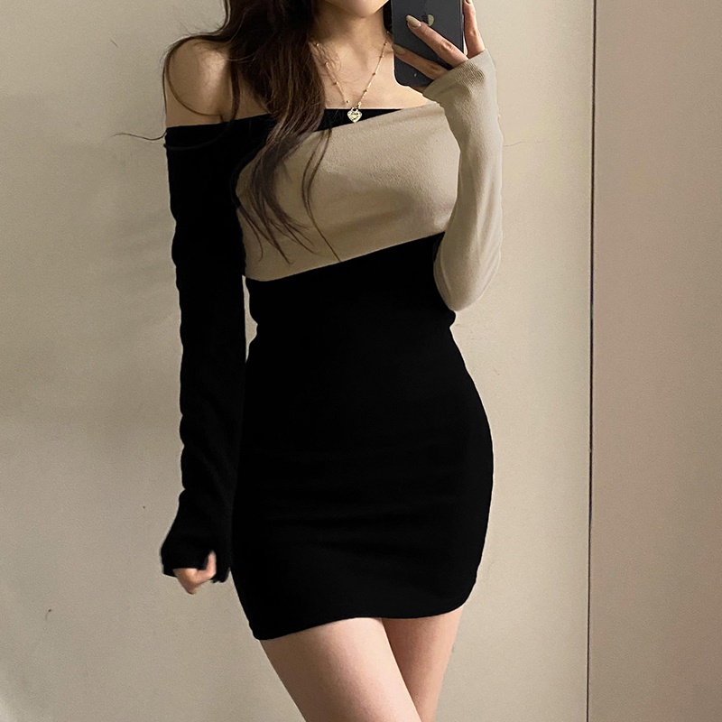 Đầm váy nữ trể vai tay dài phối màu dáng ôm body sang chảnh quyến rũ siêu xinh