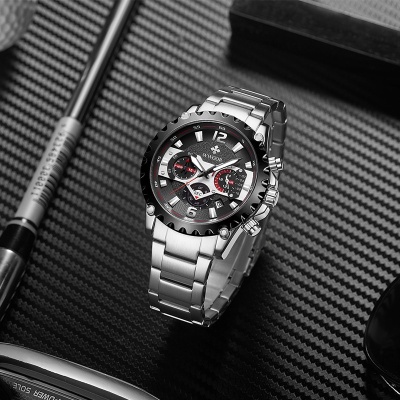 Đồng hồ WWOOR 8880 dành cho nam mặt số analog bằng thép không gỉ chống nước