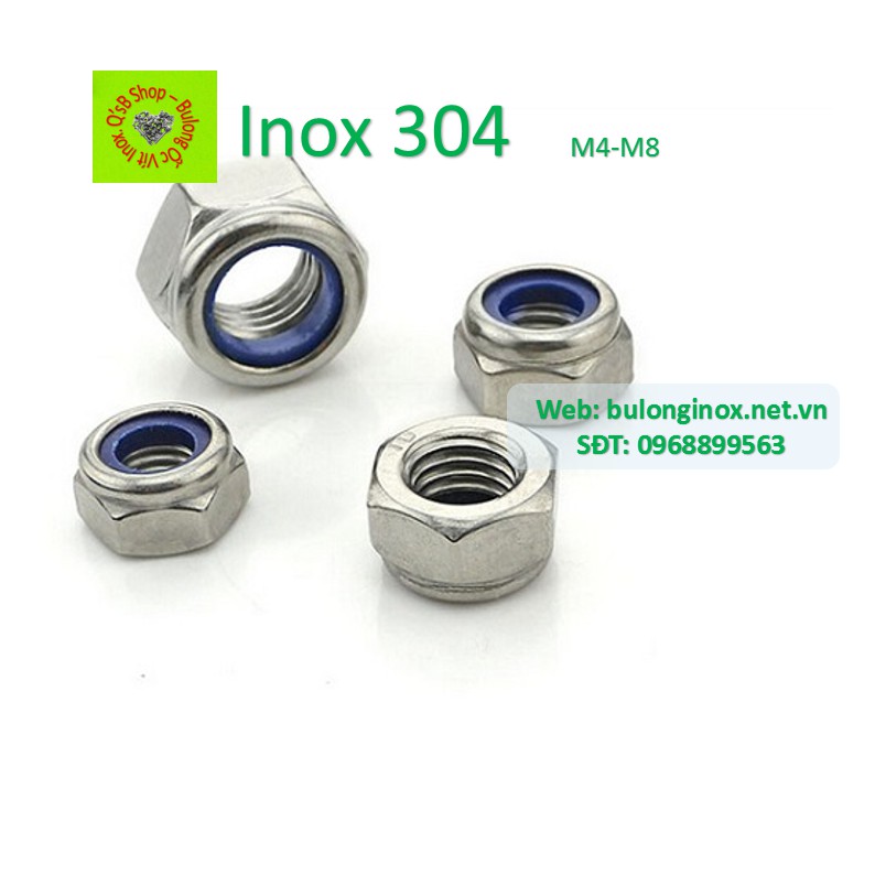 Ecu khoá nhựa inox M4 - M8, đai ốc khoá nhựa inox, ecu chống xoay inox, inox 304