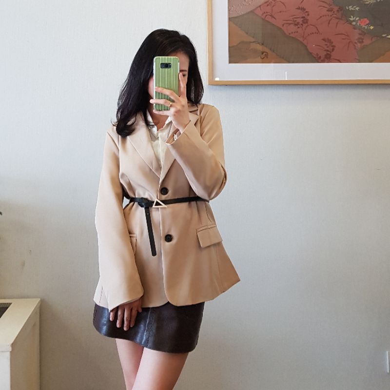 [BLAZER 01]Blazer hai lớp màu kaki kèm belt da và dây phong cách Hàn Quốc