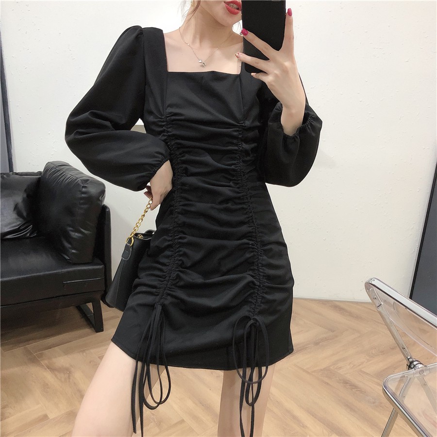 /Sẵn đen M/ Váy đầm đi chơi, dạ hội size M->4XL kiểu rút dây dài tay màu đen, trắng - ảnh thật ở cuối - psyche