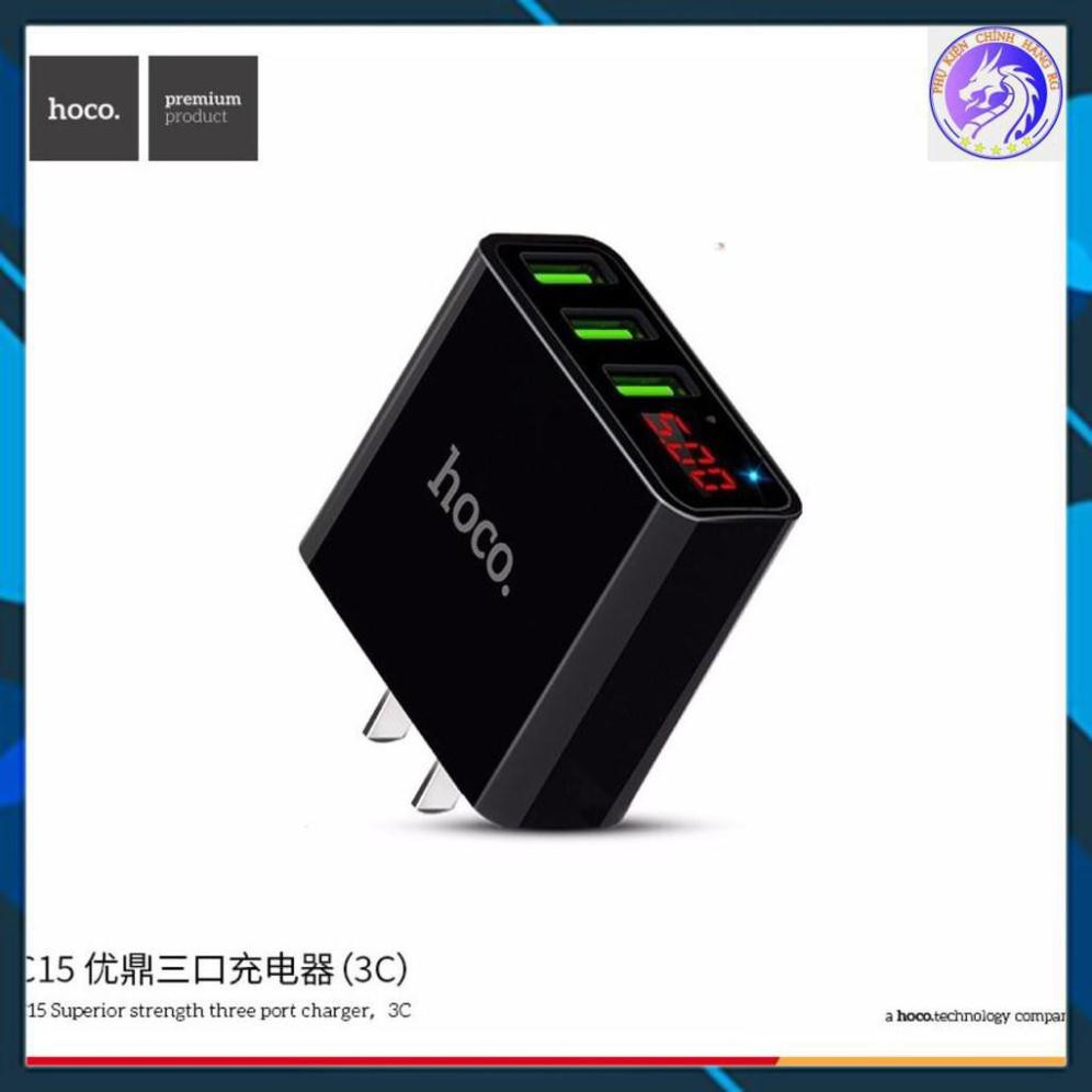 Củ sạc 3 cổng USB Hoco C15 có màn LED hiển thị đo dòng - Hàng Chính Hãng - Ổn định dòng cho Iphone/iPad/Android