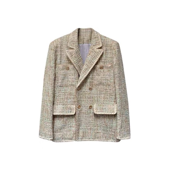 Áo dạ tweed màu kem phối xanh ngọc