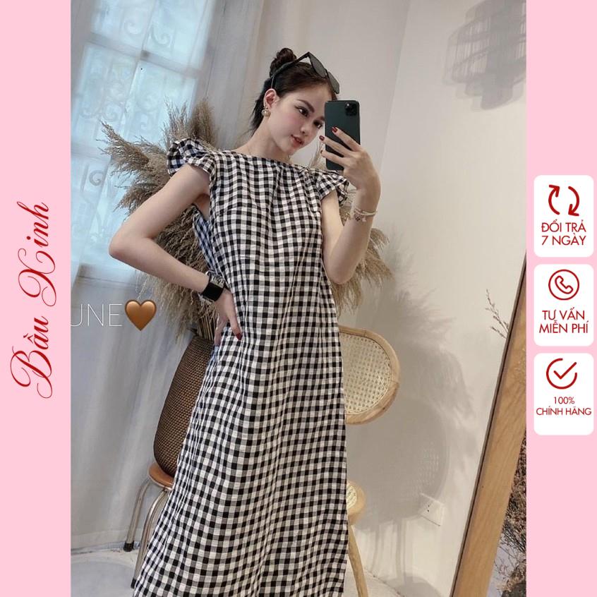 Váy Bầu Hè Đầm Bầu Kẻ Caro Màu đen Cổ Bèo Dáng Suông Đầm Bầu Công Sở Ngắn Tay