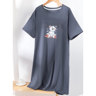 Đầm Thun Tay Ngắn Dáng Rộng In Chú Gấu Họa Tiết Dễ Thương Basic Xẻ Tà Tinh Tế Chất Cotton Mềm Mát TTDS0291