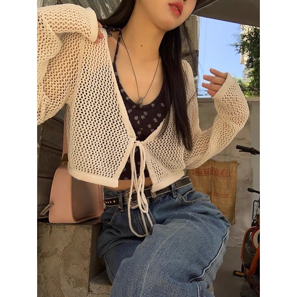 TÁCH SET ÁO CARDIGAN LƯỚI MỎNG CỘT DÂY + QUẦN LOE TUA RUA XANH