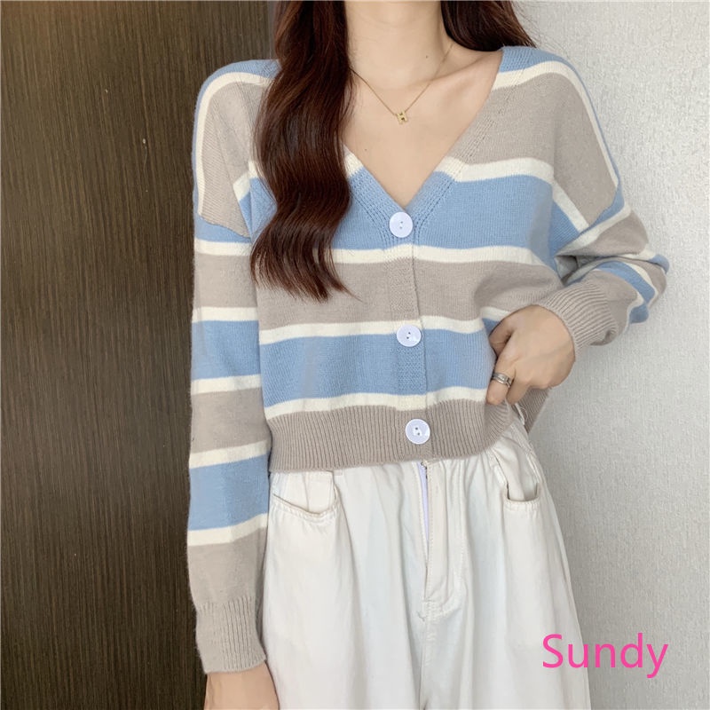 Áo khoác cardigan dệt kim cổ chữ V kẻ sọc phong cách mùa thu cho nữ