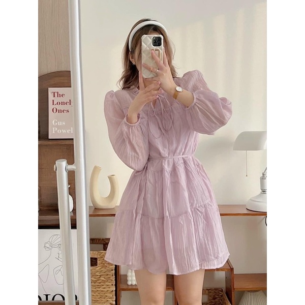 Đầm - váy tơ nhăn cổ trụ đứng kèm đai có 3 màu tiểu thư