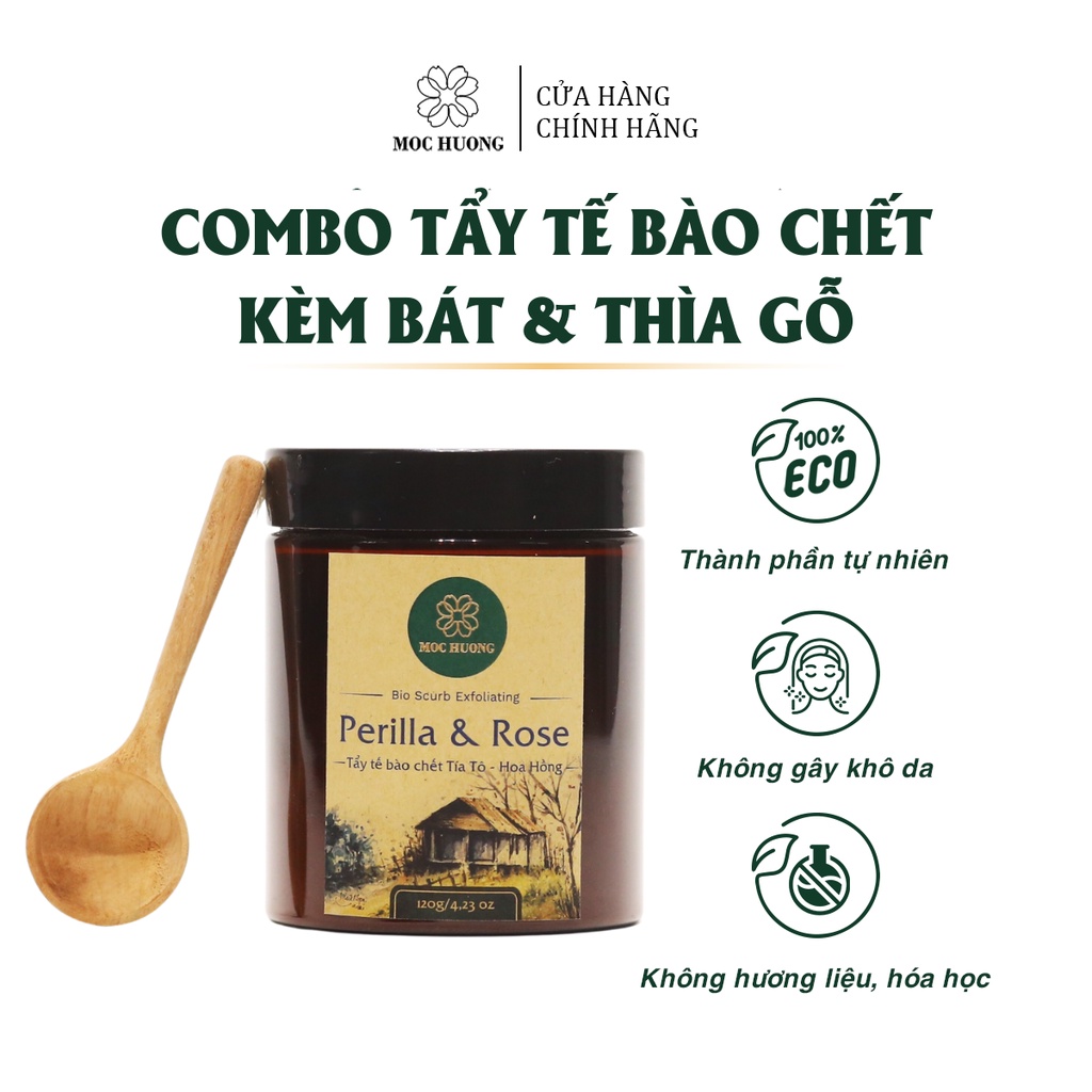 Bột Tẩy Tế Bào Chết Tía Tô Hoa Hồng MỘC HƯƠNG Kèm Bát Và Thìa Gỗ Tự Nhiên Thoáng Sạch Mềm Mịn Sáng Da 120g