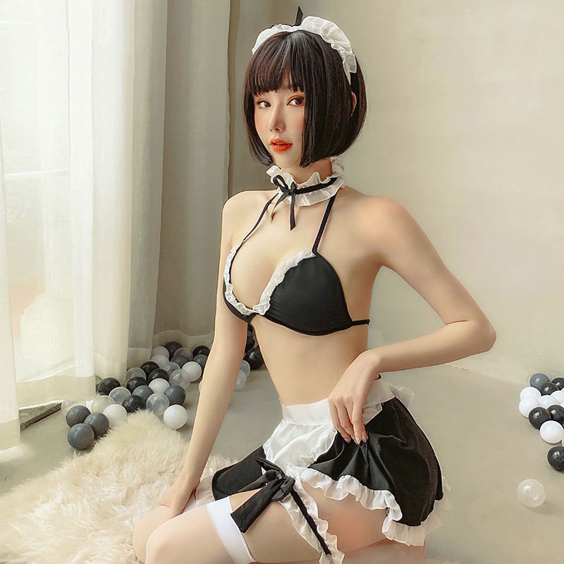 Đồ ngủ sexy cosplay hầu gái bikini đen nơ cổ cao cấp gợi cảm quyến rũ + quần chip G-string