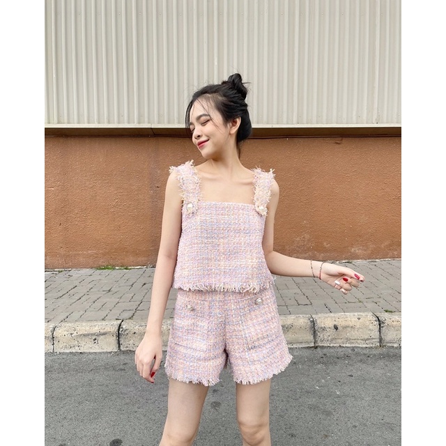 WHITELAZZ | Set áo và quần shorts yếm màu hồng - Triny Tweed Set