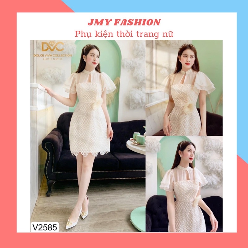 V2585 váy ren kem dáng ôm A tiểu thư cổ tàu cánh tiên sang chảnh (tặng kèm hoa cài) - (DVC&ACC) Dolce viva colection
