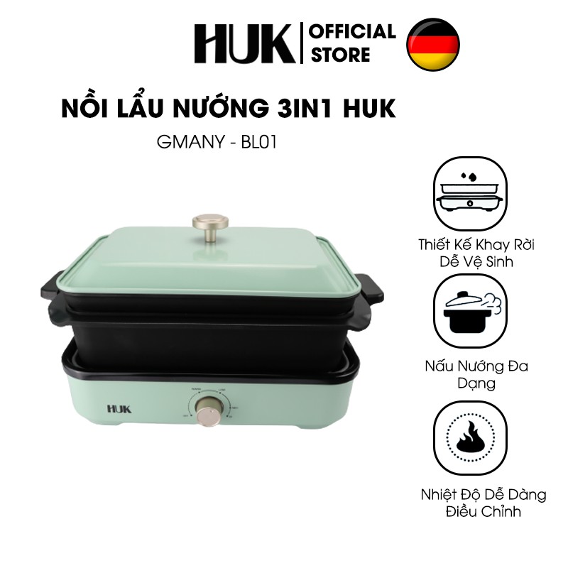 Nồi Lẩu Nướng HUK, 3 khay (Lẩu, Nướng, Làm bánh) (Hàng Chính Hãng 1 Đổi 1 Trong 7 Ngày, Bảo Hành 12 Tháng)