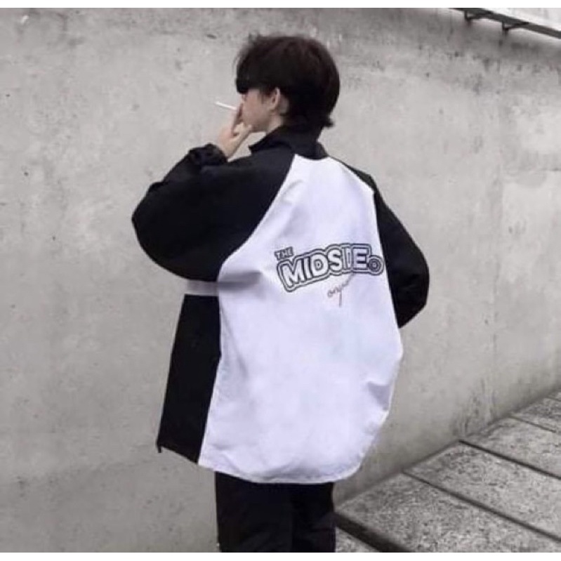 Áo Khoác Gió 1 Lớp MIDSIDE From Rộng Unisex Phối Màu Đen Trắng
