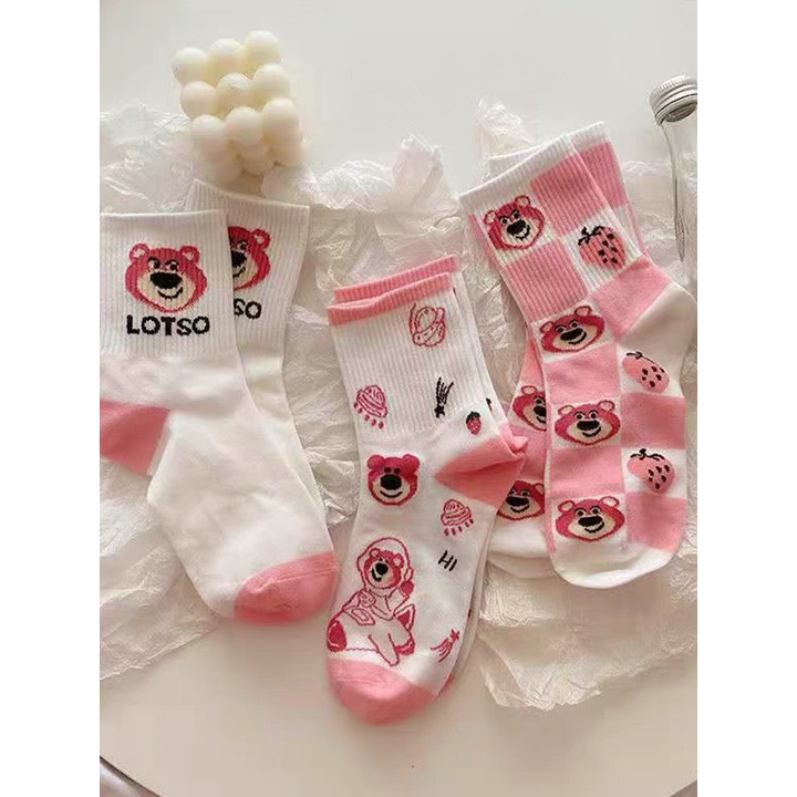Tất Cổ Cao , Vớ Dài Nữ Họa Tiết Gấu Hồng dễ thương, thấm hút, giá siêu rẻ mềm