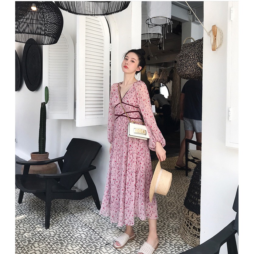 Đầm nữ xinh hàng Quảng Châu  thiết kế dáng dài MIDI họa tiết hoa nhí hồng  phong cách cô nàng tiểu thư đẹp dịu dàng