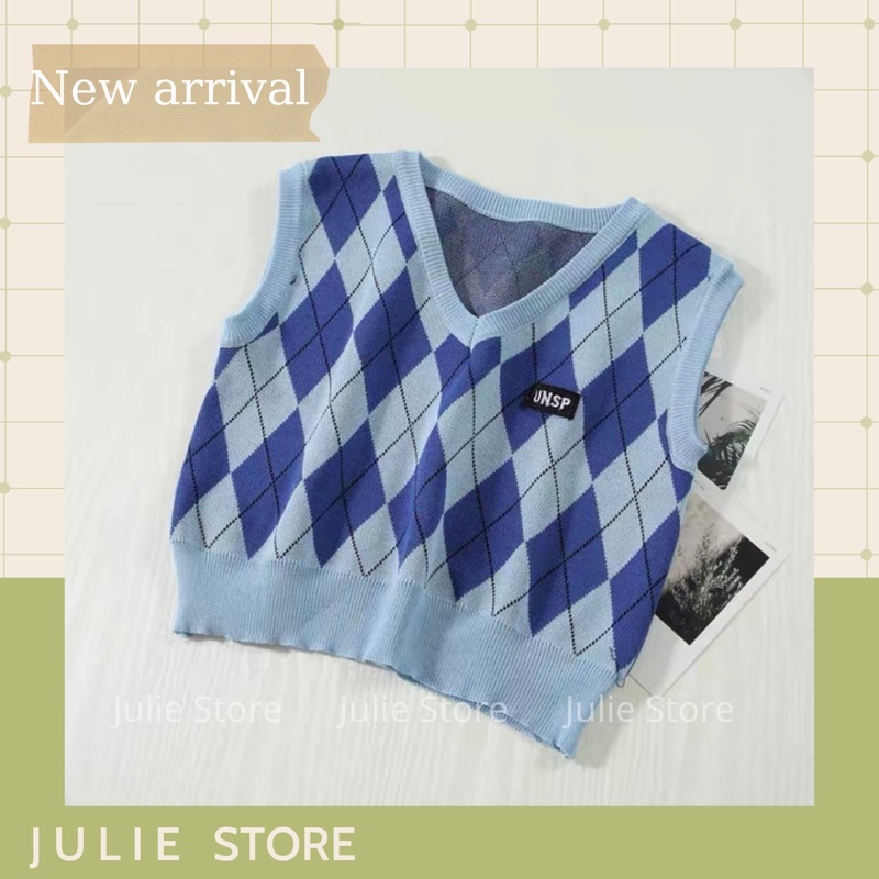 [Ảnh thật ở cuối 👍] Áo len gile croptop, họa tiết caro xanh dương phong cách hàn quốc trẻ trung, năng động freesize