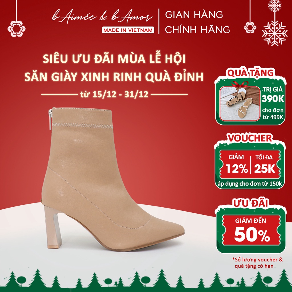Bốt nữ cao cổ lót lông mũi nhọn gót cao 7p dáng boot lửng da mờ khóa sau màu đen trắng kem bAimée & bAmor - MS1715