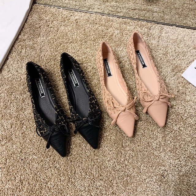 GIÀY BỆT MÕM NHỌN BÍT DA MIX DẠ TWEED