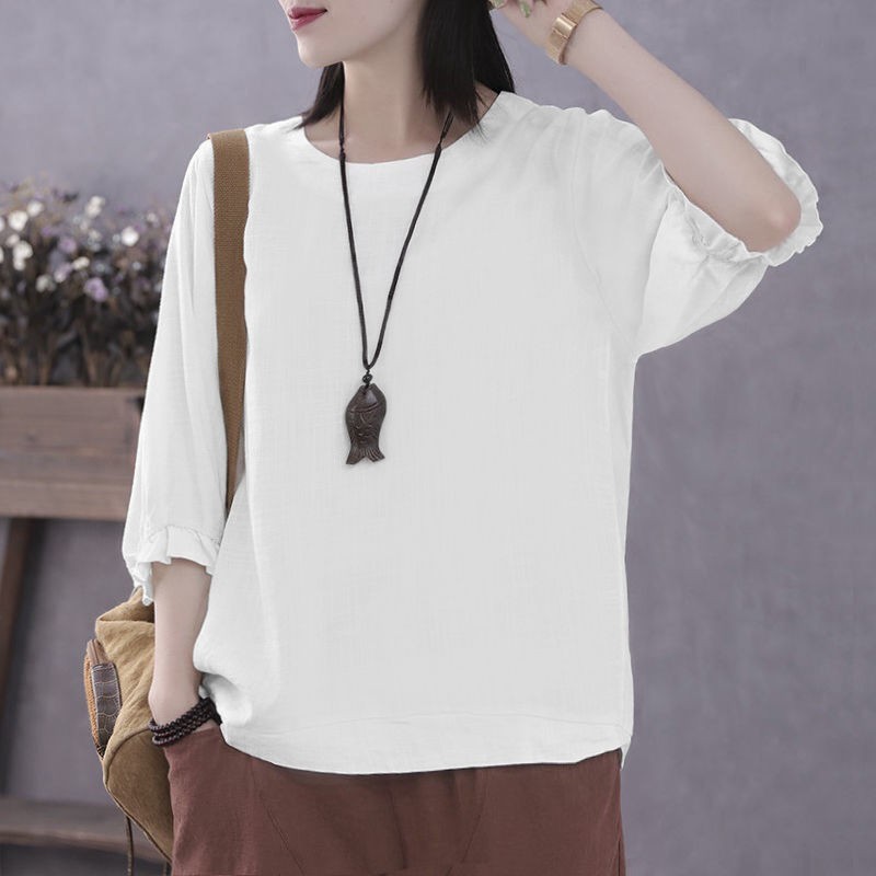 cotton-containing plus size women’s 200 fat MM summer short-sleeved tops that hide the belly and look thinner t-shirts bat sleeves five-point sleeve women