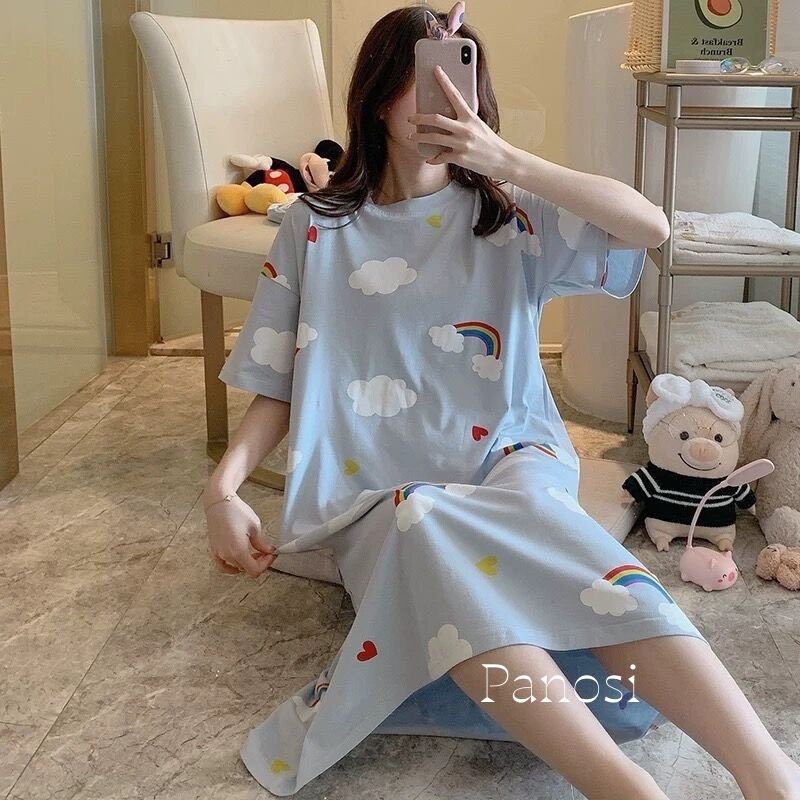 Váy nữ  dài dáng xuông cộc tay chất cotton thoáng mát in hình 3D dễ thương - V587