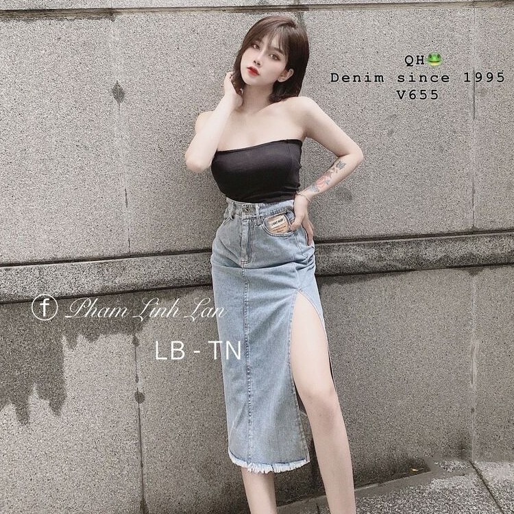 Chân váy dài Denim Lưng Cao Xẻ Tà Quyến Rũ Cho Nữ