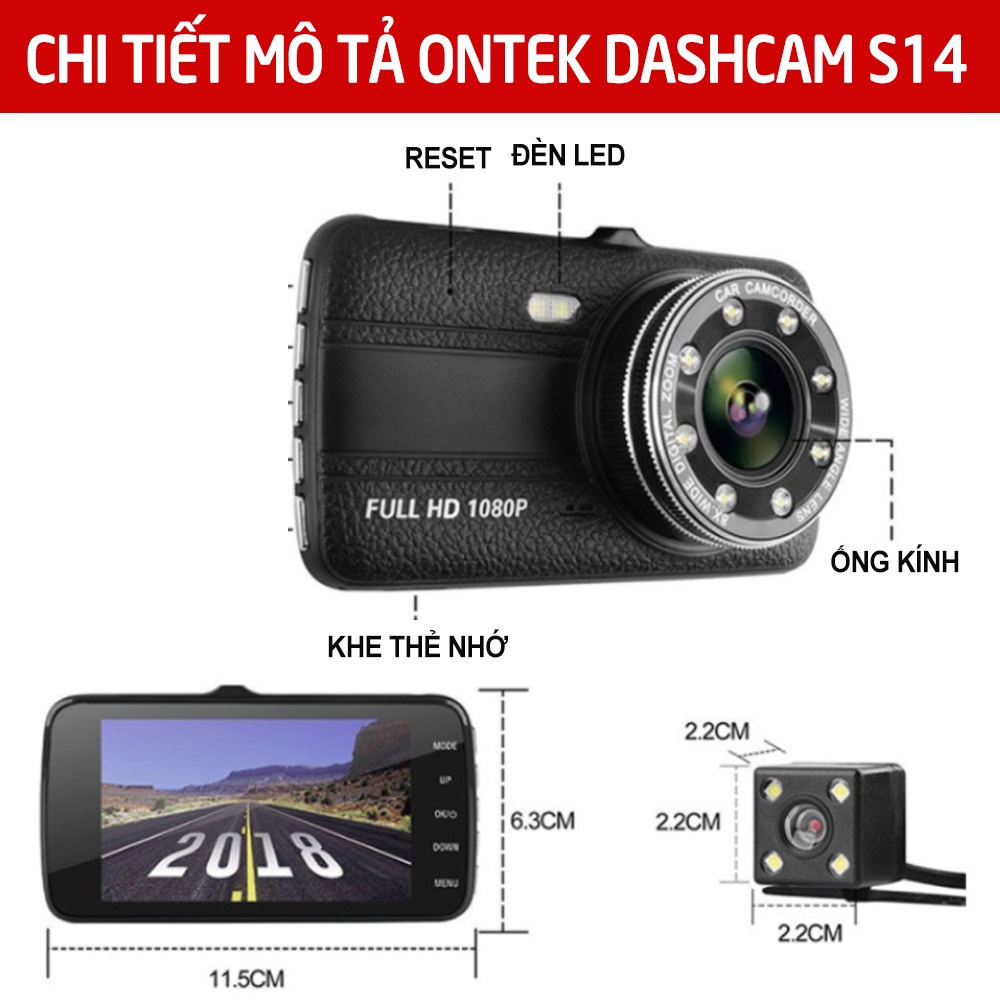 Camera hành trình ONTEKCO S14 Black kèm thẻ 32G có 8LED trợ sáng, ghi hình trước + Sau 1080P