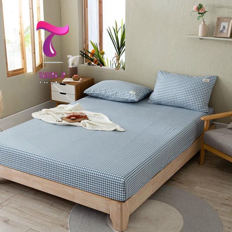 HÀNG MỚI- Bộ Ga Gối Cotton TC Nhập Khẩu Xanh Bầu Trời Kẻ Caro - BST Chăn Ga Gối Tici