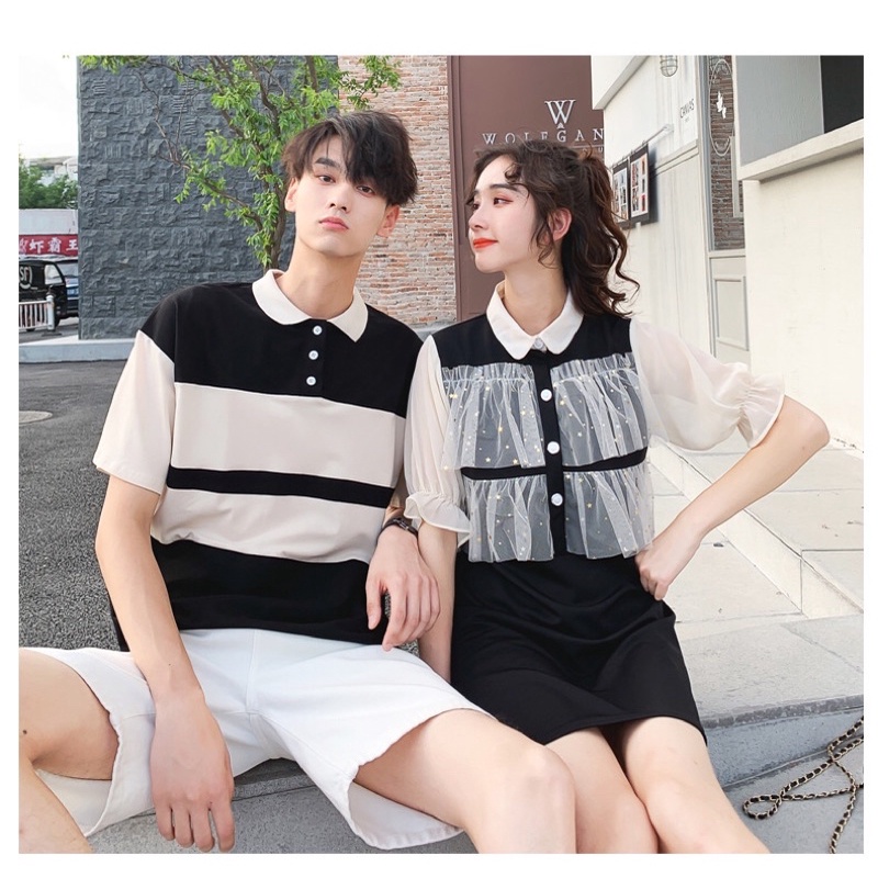 Bộ đồ đôi nam và nữ váy ren nữ kết hợp áo polo nam