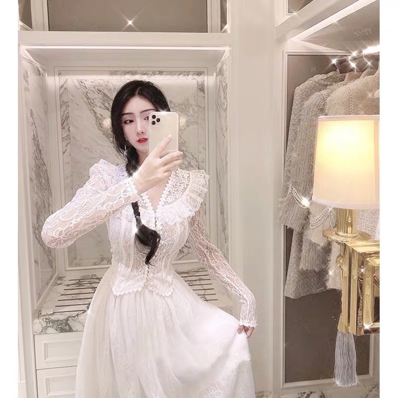 Set áo ren tiểu thư + chân váy xoè von dài