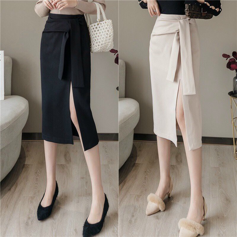 Chân váy dài xẻ 1 bên có nơ 💖 - Ảnh Thật💖 váy kiểu