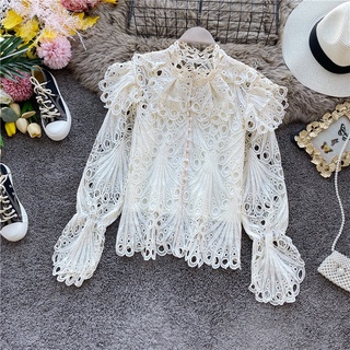 (HÀNG ORDER) Áo ren cổ đứng đính hàng nút dài phong cách tiểu thư sang chảnh (hình thật)