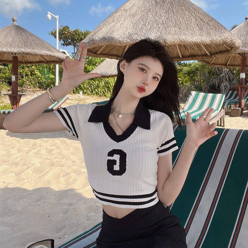 Áo Thun Dệt Kim Tay Ngắn Cổ POLO Phong Cách Preppy Thời Trang Mùa Hè Mới 2022 Dành Cho Bạn Nữ