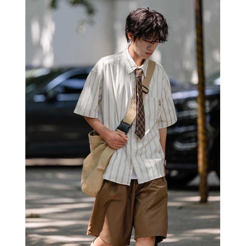 Set Áo Sơ Mi Ngắn Tay Họa Tiết Kẻ Sọc Và Quần Short Phong Cách Retro Nhật Bản Cho Nam Và Nữ