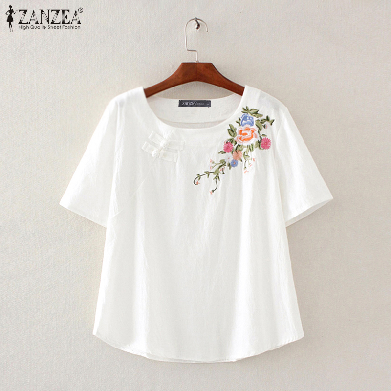 Áo blouse ZANZEA thêu hoa tay ngắn cổ tròn rộng rãi thông thường