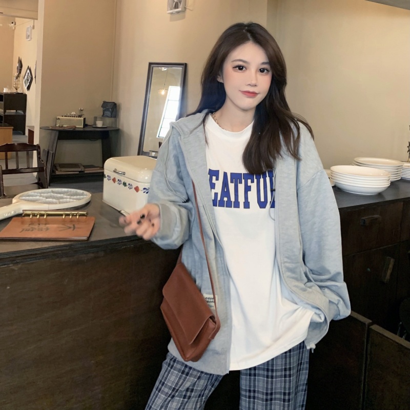 SUXI Áo khoác hoodie mỏng có khóa kéo tối giản cho nữ