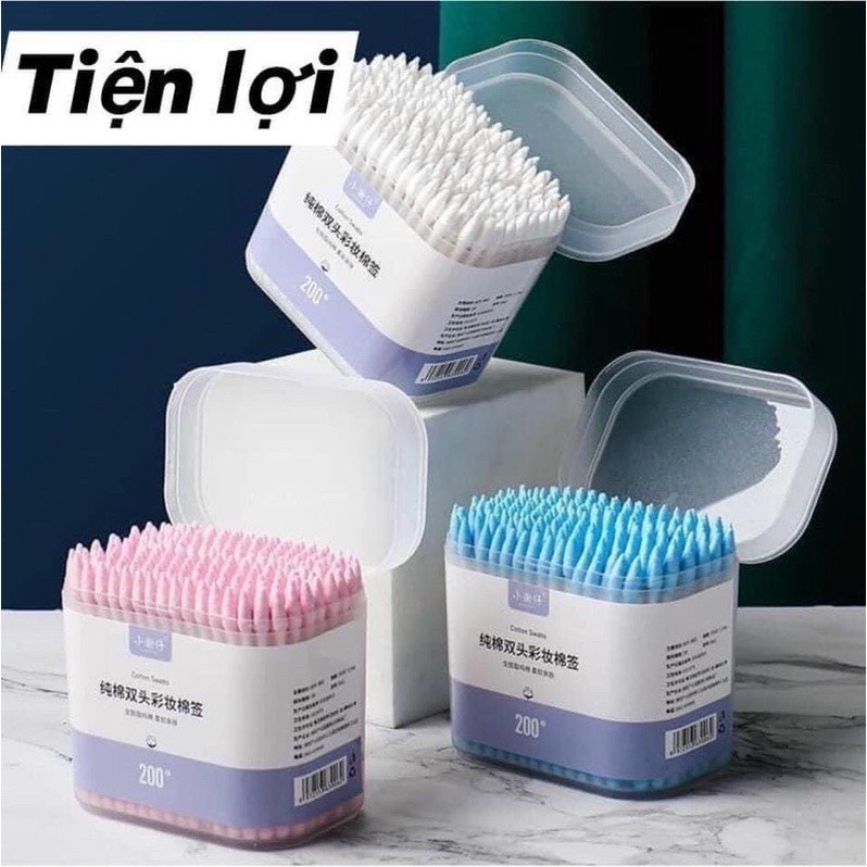 Tăm bông ngoáy tai hai đầu bông ráy tai dùng một lần thiết kế đa chức năng tiện dụng hộp 200 que