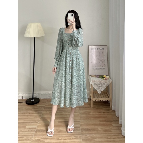 Váy xanh hoa nhí dài tay_D079S1_LYNNA