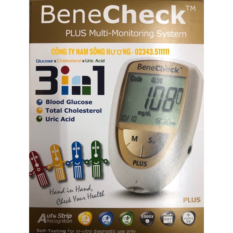 [BH TRỌN ĐỜI] Máy Đo Đường Huyết tiểu đường 3in1 3 Trong 1 Benecheck Plus đo Đường, Mỡ Máu cholesterol,axit uric Gout