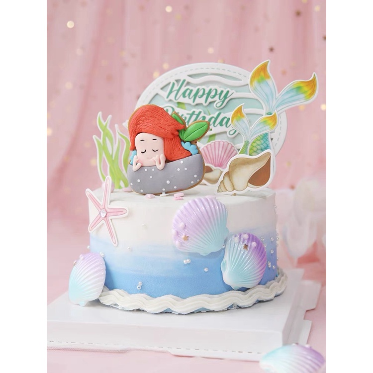 Set 4 que cắm đuôi cá + sao biển + rong biển + sò - Phụ kiện trang trí bánh sinh nhật