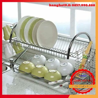 Giá úp bát đĩa 2 tầng inox có khay hứng nước