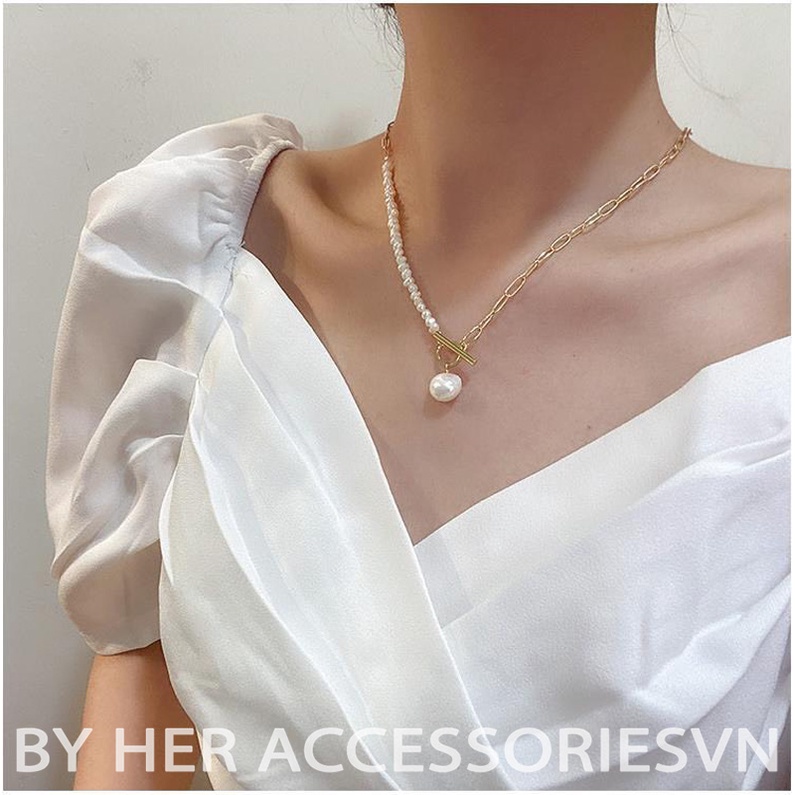 Dây chuyền chocker hạt trai, Vòng cổ nữ mặt tròn hạt trai tiểu thư thanh ngang Her Accessories C20