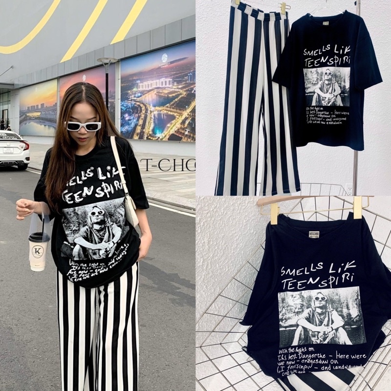 Set áo cotton quần sọc trắng đen vải đẹp giá tốt - HN Closet