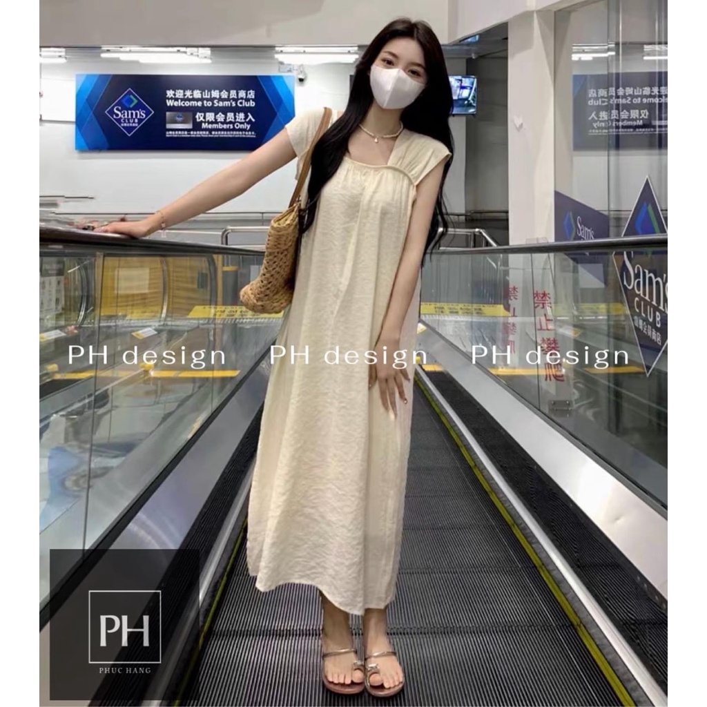 Váy hai dây bản to vải đũi thấm hút mồ hôi dáng dài maxi 3 màu tôn da, váy suông hai dây bản to chất đũi mềm