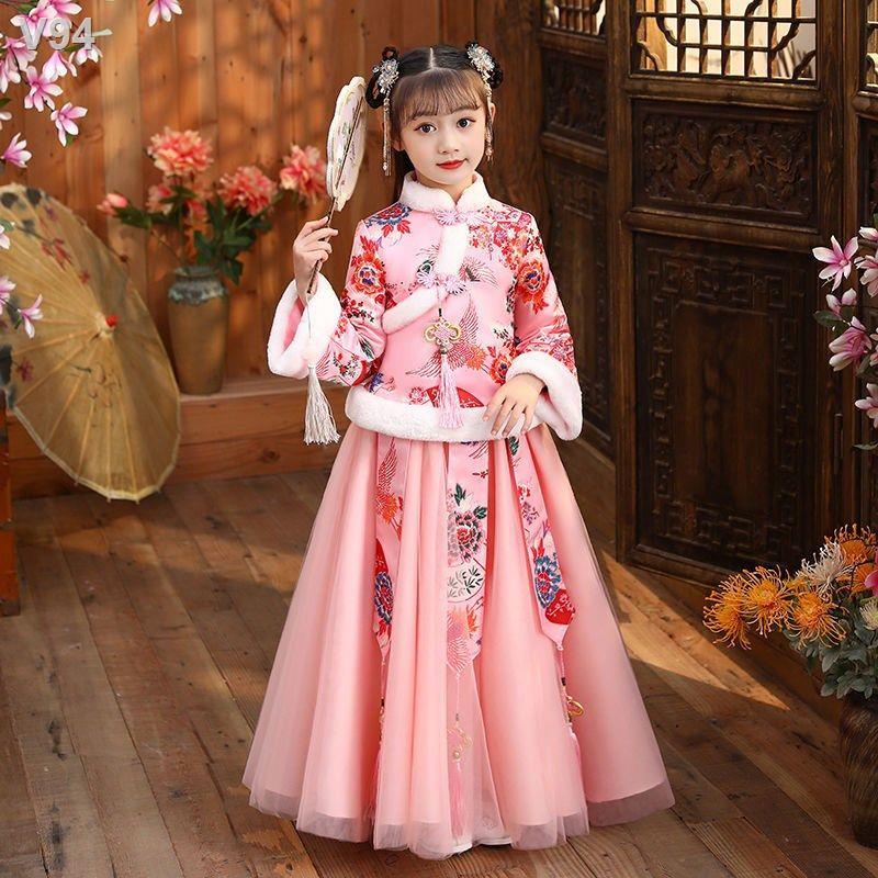 HTINGHanfu dành cho trẻ em nữ cộng với nhung dày váy công chúa cổ tích, phong cách phương Tây em, Trung Quốc, bộ đồ Đườn