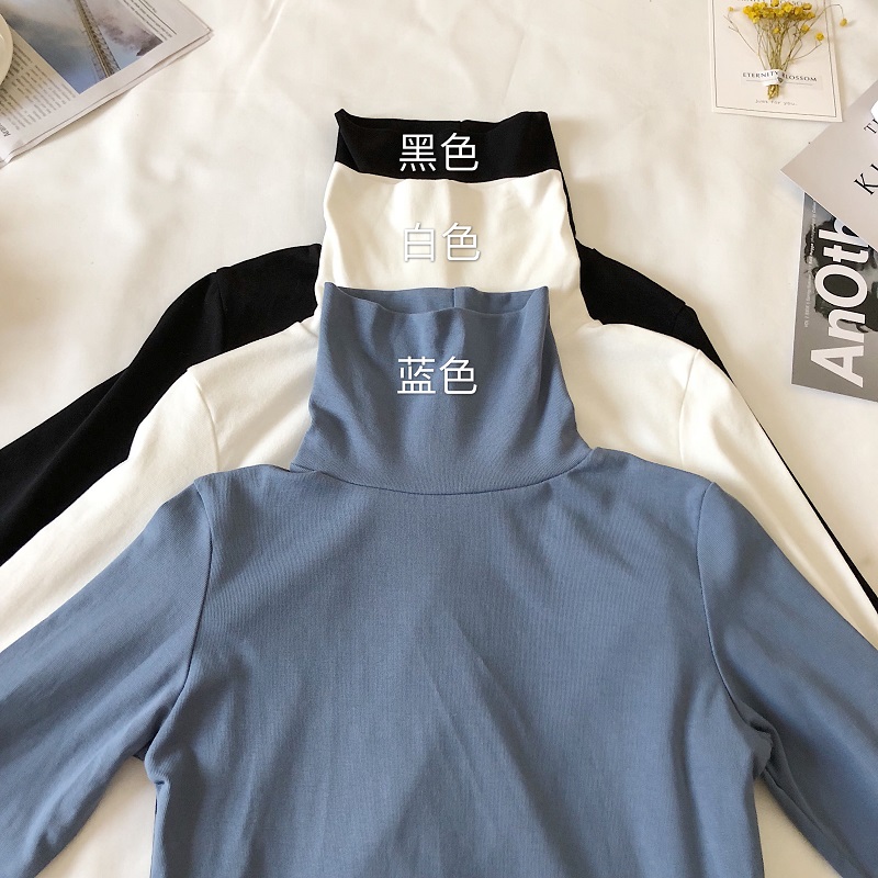 Áo Thun Nữ Tay Dài Cổ Cao Màu Trơn Phong Cách Hàn Quốc